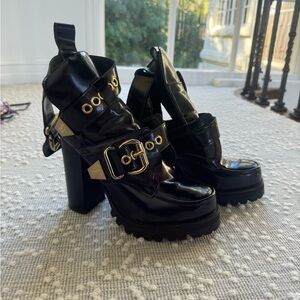 LF Jeffrey Campbell Black Platform Ankle Boots with Gold Buckle